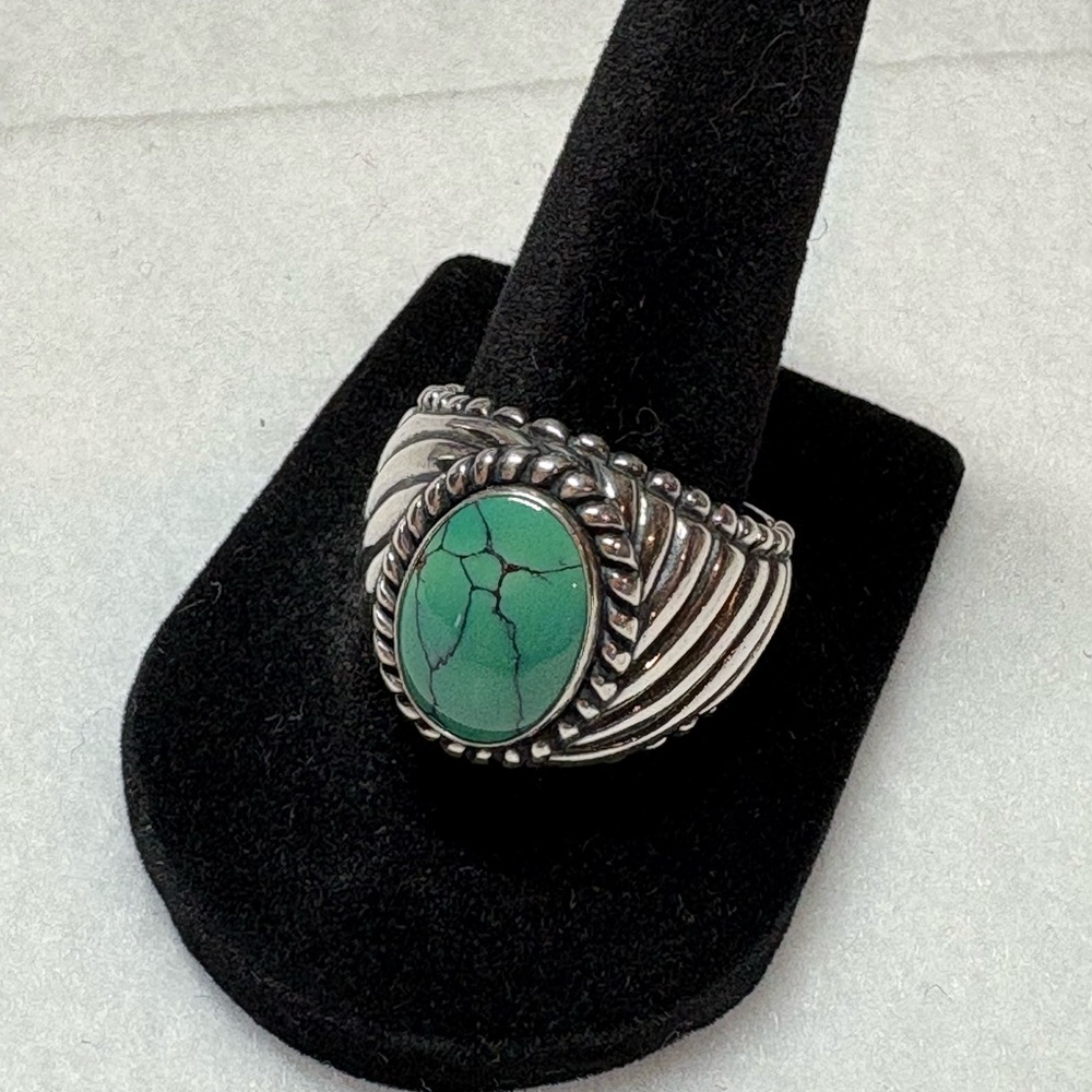 Silver Ring with Genuine Green Turquoise Stone